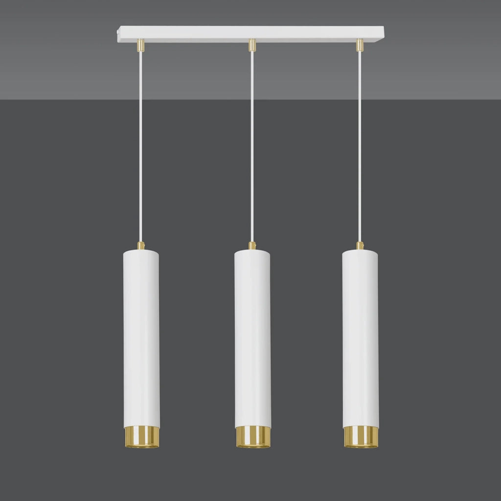 Lampadario 3 Luci Brunilde In Acciaio Bianco E Tubolari In Bianco E Oro