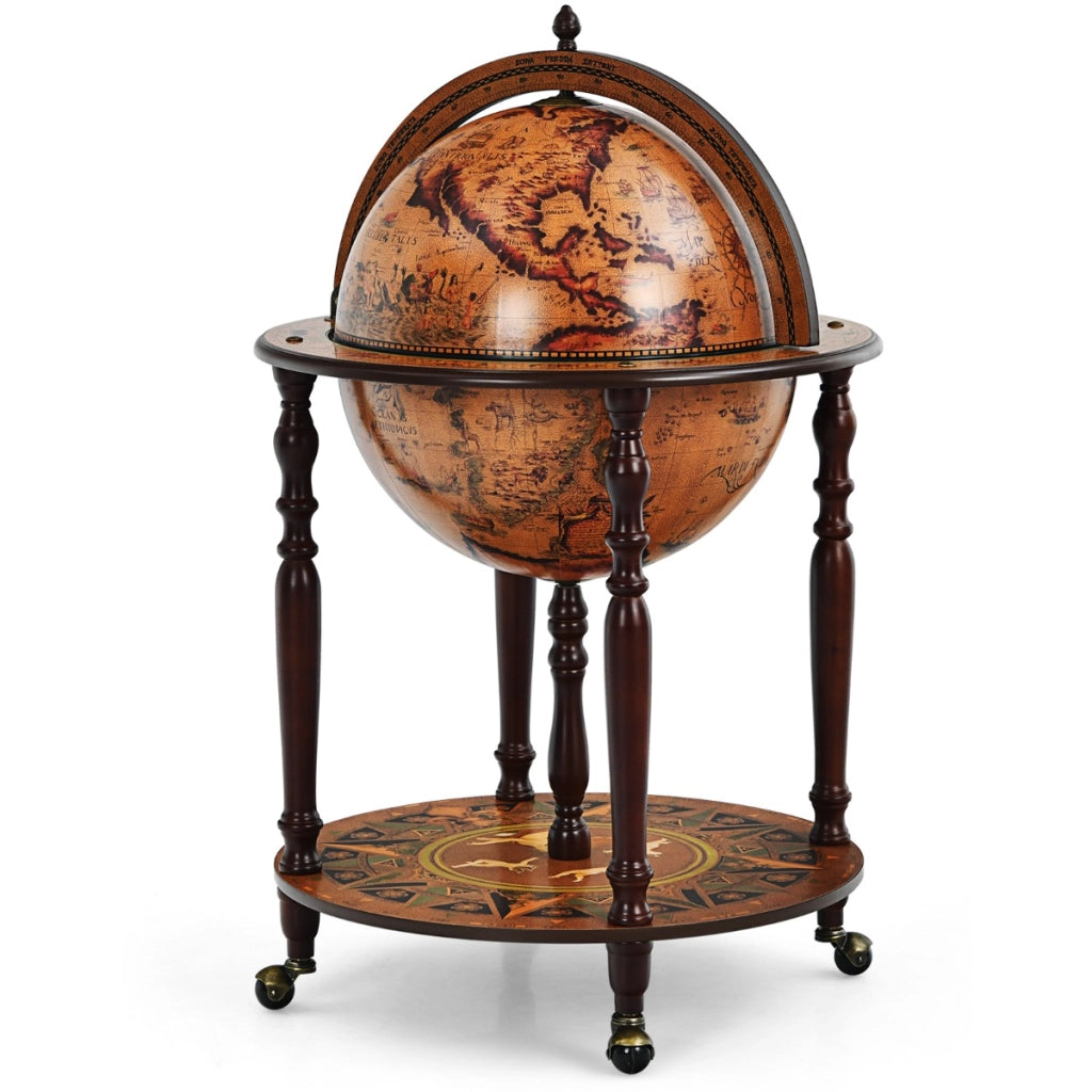 Stand portavino 45 cm a forma di mappamondo, Armadietto per vini naturale XVI secolo con ruote Marrone retr¨°-Mobili porta liquori