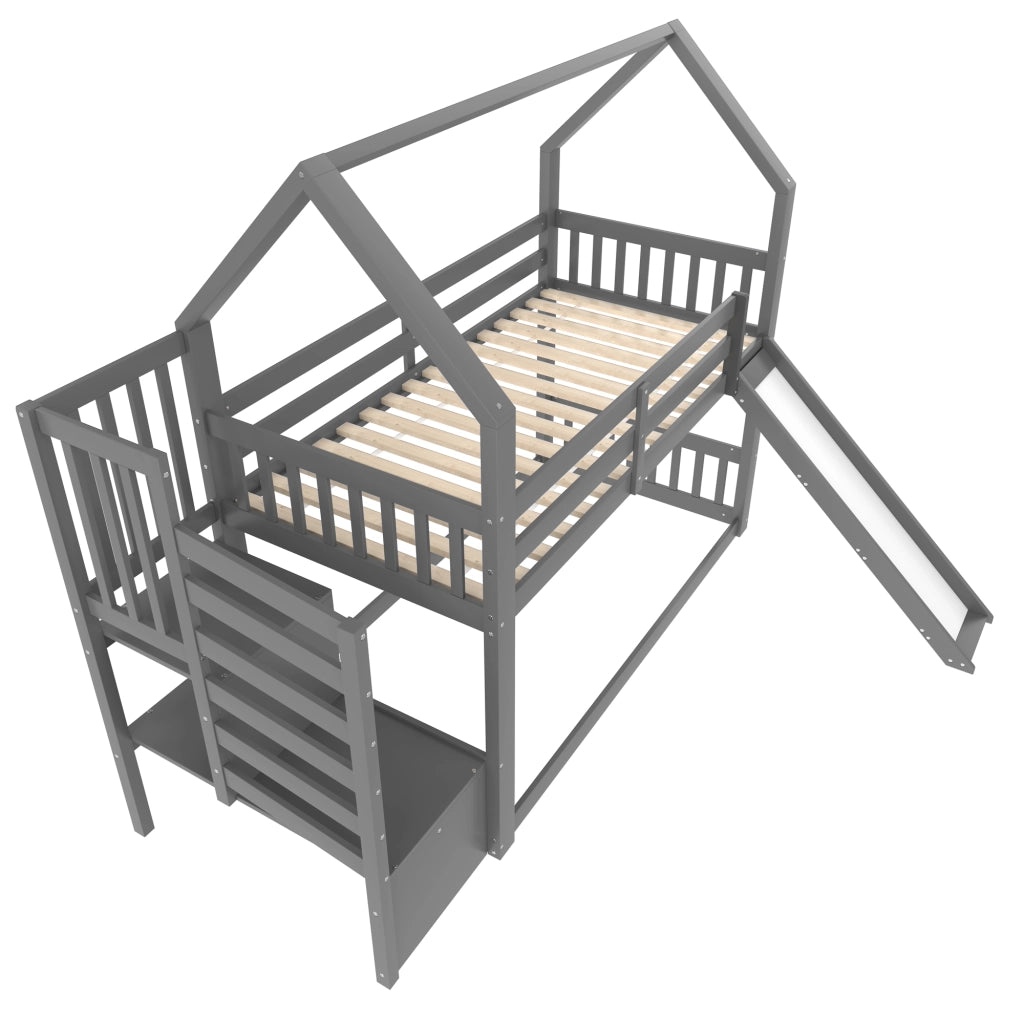 OKWISH Letto a Castello 90×200 cm, Letto Singolo con Scala con Vani, Scivolo e Spondine, senza Materasso, Grigio