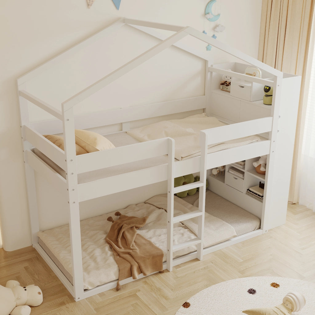 OKWISH Letto a Castello 90×200 cm, Letto Singolo con Contenitore, Mensole e Scomparti, senza Materasso, in Legno Massello, Bianco
