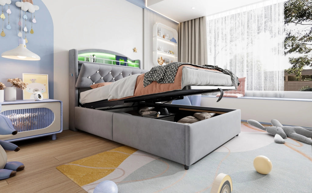 Letto singolo imbottito per bambini 90x200 cm con velluto, contenitore, LED e porte USB grigio