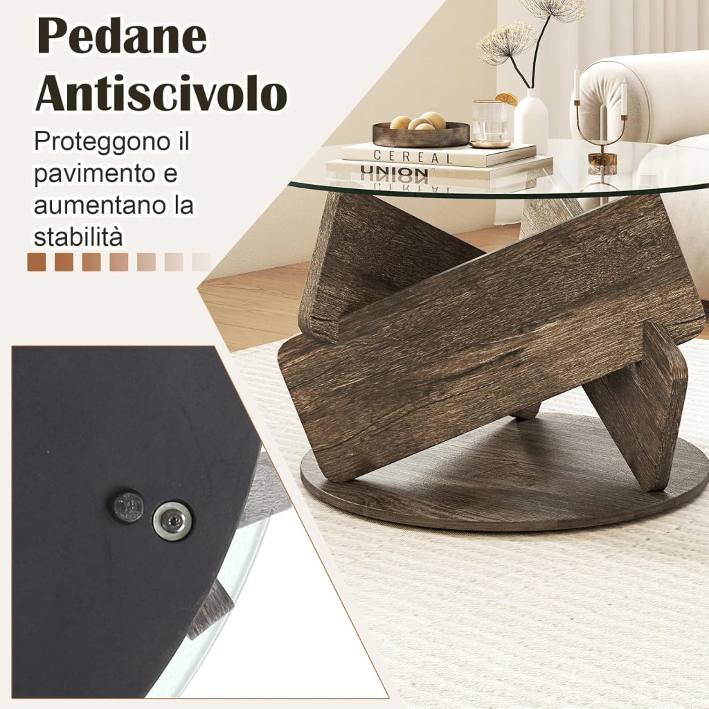 Tavolino da Salotto Rotondo con Piano in Vetro Temperato, Tavolo Basso da Caffè con Base in Legno e Piedini Antiscivolo, Tavolino Moderno per Soggiorno, Ufficio, Camera da Letto