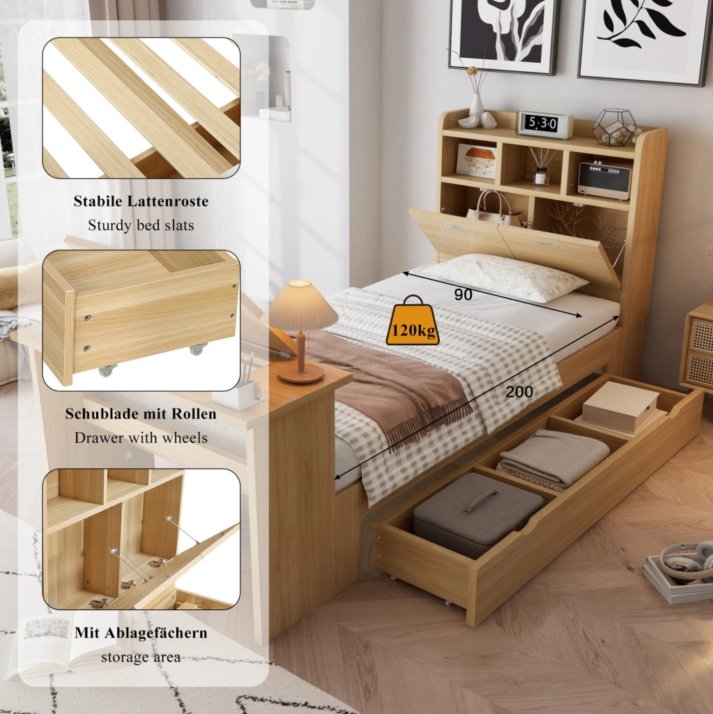 Letto singolo multifunzione con contenitore e tavolino pieghevole