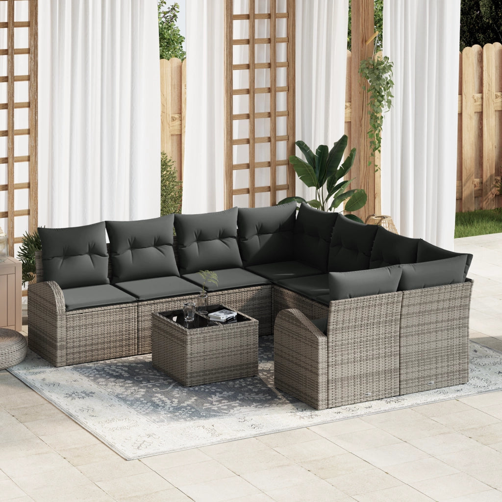Set Divano Giardino 9 Pezzi con Cuscini Grigio Polyrattan