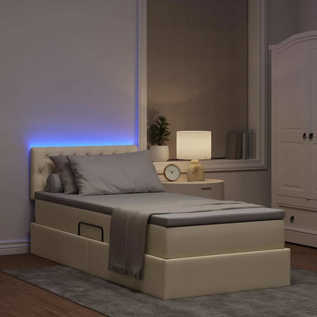 Letto con contenitore e LED con led Crema 90 x 200 cm Tessuto
