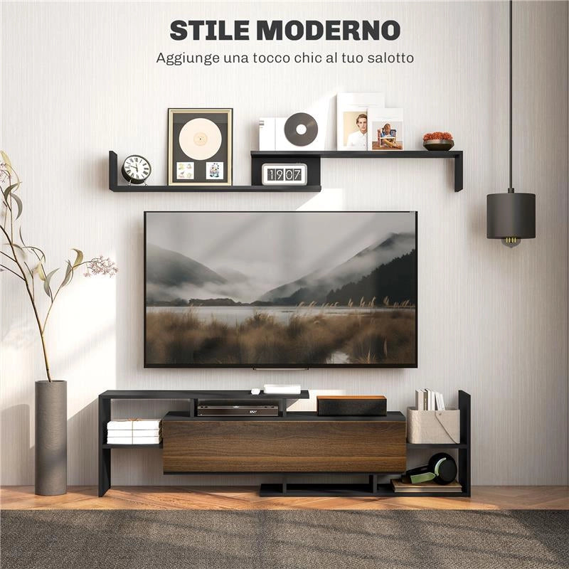 MOBILE TV CON MENSOLA A MURO RIPIANI APERTI E ARMADIETTO IN LEGNO NERO E MARRONE