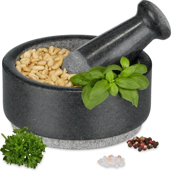 Vijzel e stampatore - granito - superficie ruvida - robusto - note di spezie - HxØ 7 x 16 cm - antracite.