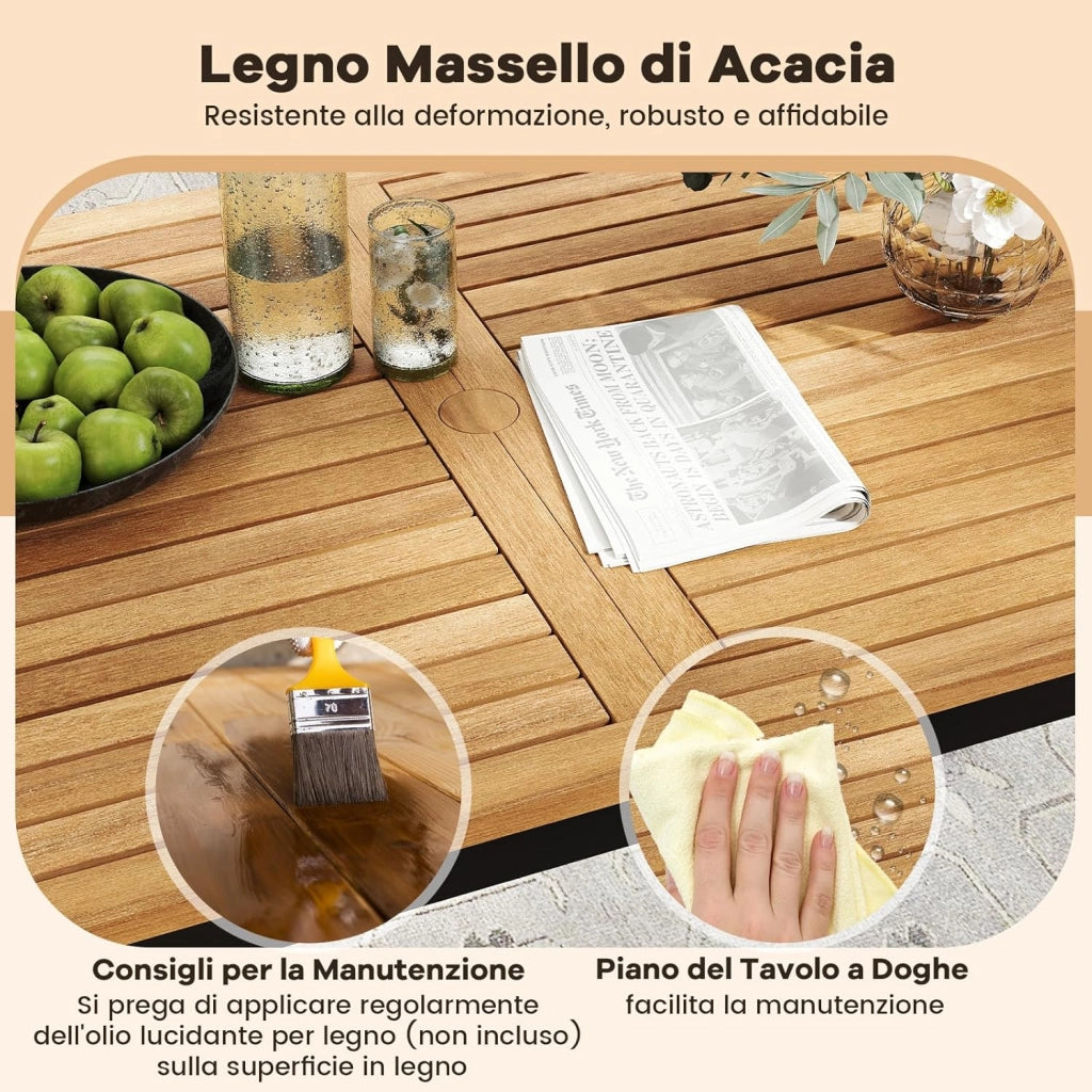 Set Pranzo da Giardino, Tavolo da Pranzo con 2 Sedie e Panca, Mobili da Esterno Ergonomiche Legno di Acacia con Foro per Ombrellone e Comodi Cuscini, per Bordo Piscina, Terrazza