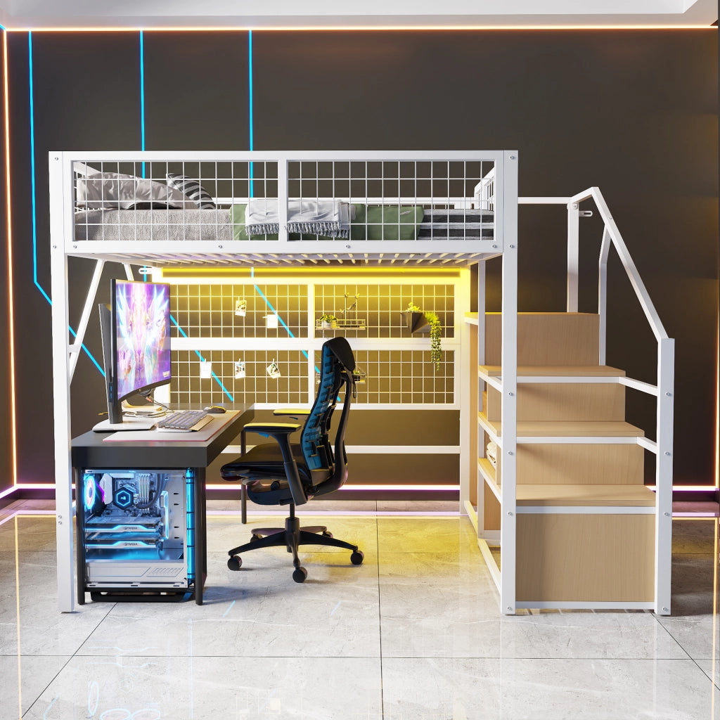 OKWISH Letto soppalco 140×200 cm, Letto Matrimoniale con Scala con Contenitori, LED con App e Rete di Sicurezza, senza Materasso, Bianco
