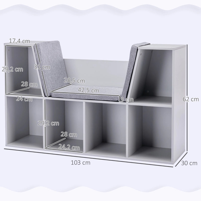 Libreria per bambini con 6 scomparti e cuscini, 103 x 30 x 62 cm, grigia