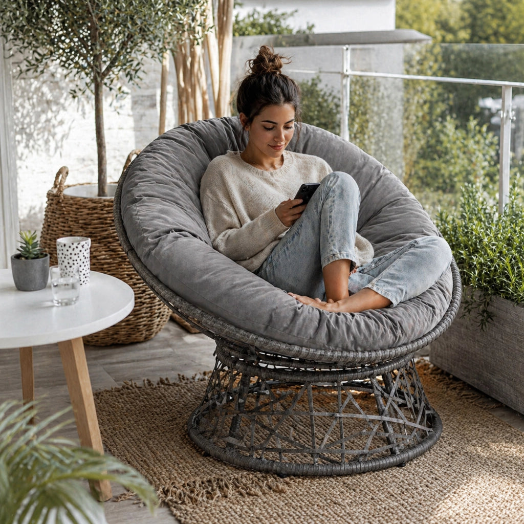 Poltrona Relax Girevole Da Esterno Con Cuscino Imbottito Seduta Rotazione 360 Gradi Per Giardino 64 x 80.5 Cm Grigio