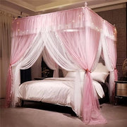 Letto a Tenda con Ruches - Tenda Quadrata con 4 Aperture - Rete a Mosche a Doppio Strato - Romantico e Leggero - Ideale per Camera da Ragazza (Rosso/Bianco, 200x210 cm)