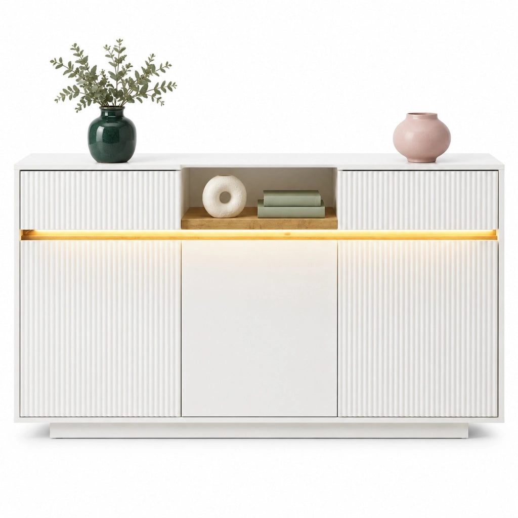 Madia 140x40x85 cm bianca in MDF con LED e ripiani regolabili