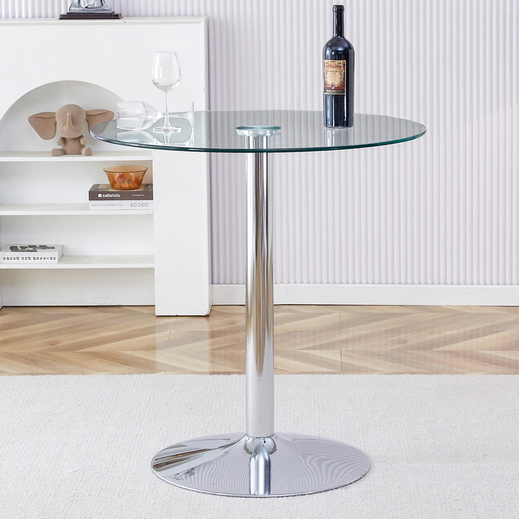 Tavolo da bistrot in vetro trasparente con base in metallo, per home bar e locali, diametro 89 cm, altezza 92 cm