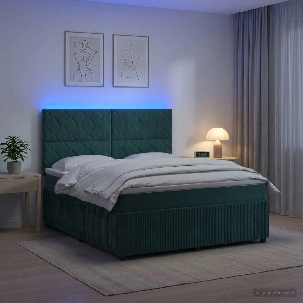 Letto Box Spring LED con Materasso Verde Scuro 140 x 200 cm 3456092