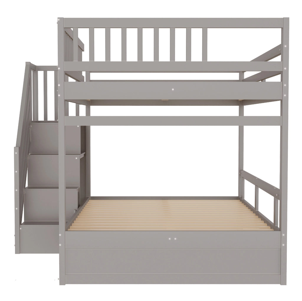 Letto a castello in legno massello 140x200 cm grigio con scala contenitore e cassetti