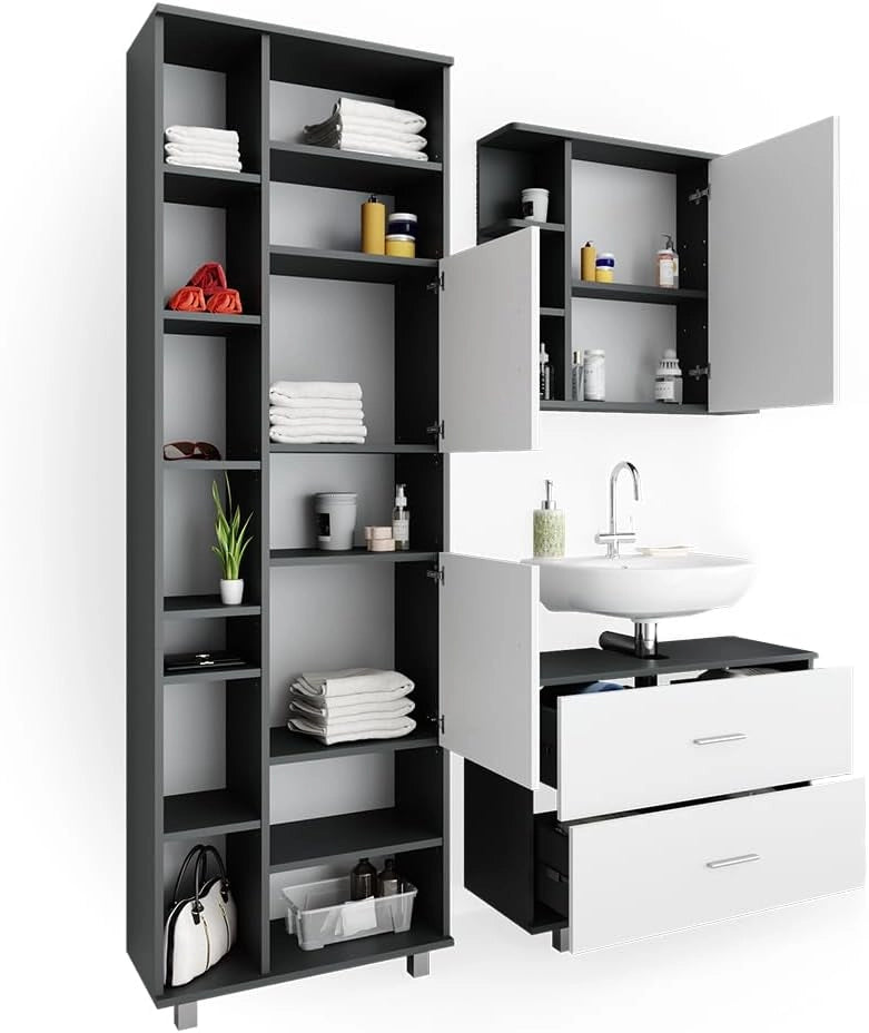 Set mobili bagno Ilias, Bianco/antracite, 80.2 cm, composto da mobile sottolavabo, specchiera e colonna alta