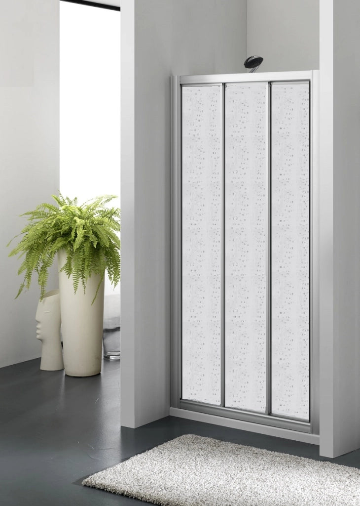 Porta doccia tre ante scorrevoli bilaterale acrilico argento satinato h185cm Merbo Tinez Argento satinato,76/82 cm