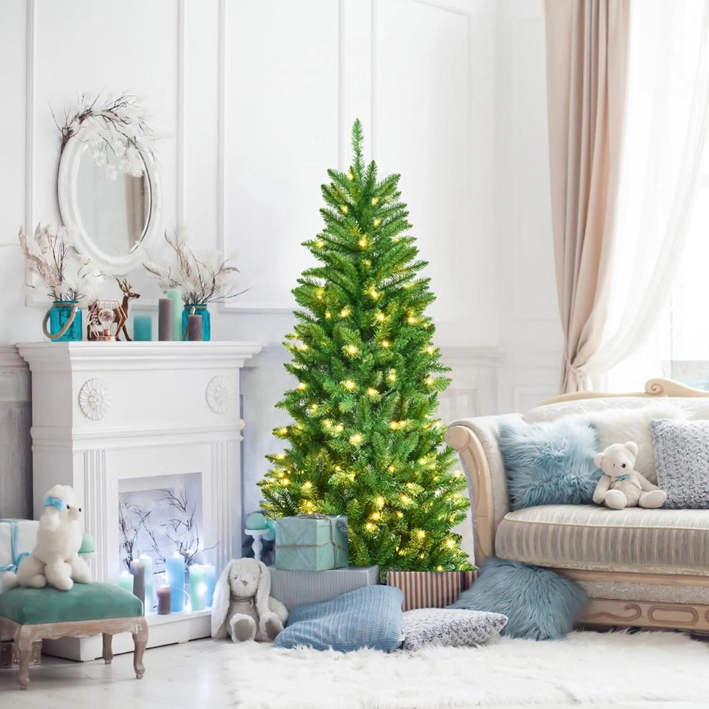 Albero di Natale Slim 150 cm, Albero di Natale con 150 Luci LED, 300 Rami Folti e Base di Metallo, Decorazione Natalizia per Casa e Ufficio (150cm)
