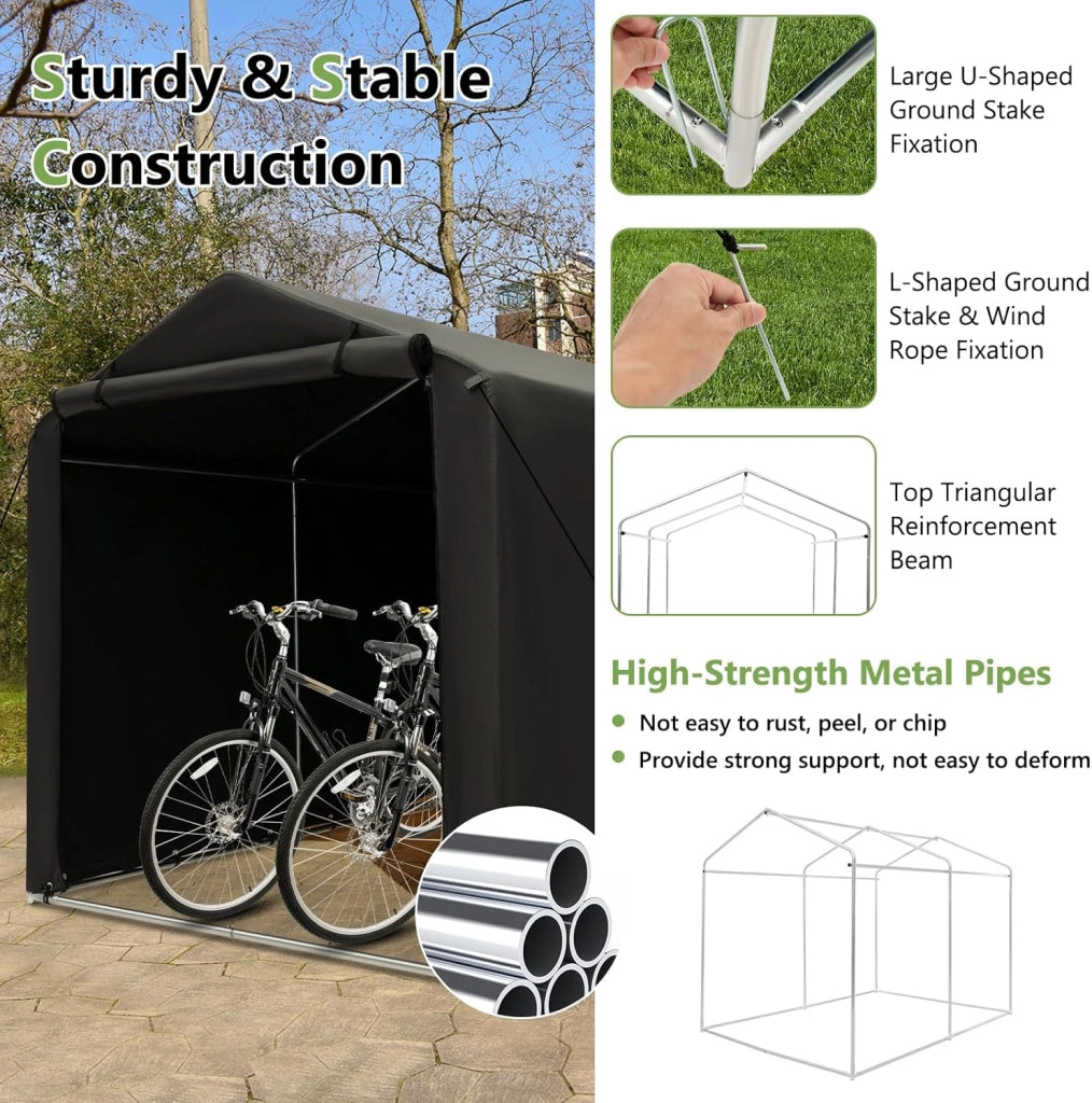Capanno da Giardino 218 X 160 X 164 CM, Tenda Garage per Bici Moto Attrezzi, con Copertura en PE Impermeabile, Porta con Cerniera, Telaio in Metallo, Picchetti, per Esterno (Grigio Scuro)