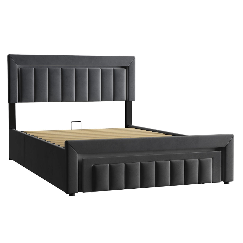 Letto matrimoniale imbottito in velluto grigio con LED e contenitore 140x190 cm