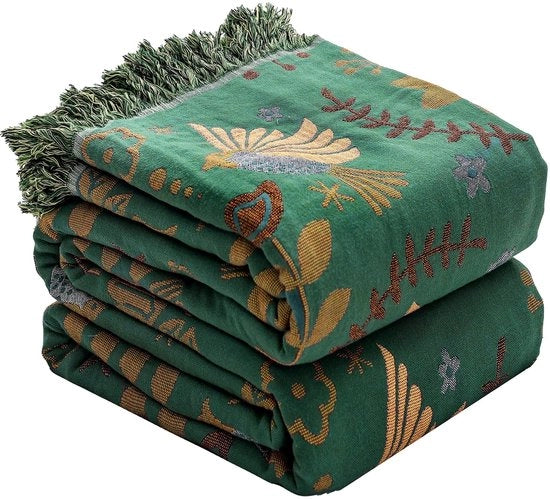 Deken Boho in Mousseline, 4 strati, ademabile e soffice, 150x200 cm, con frange, disegno uccelli verde