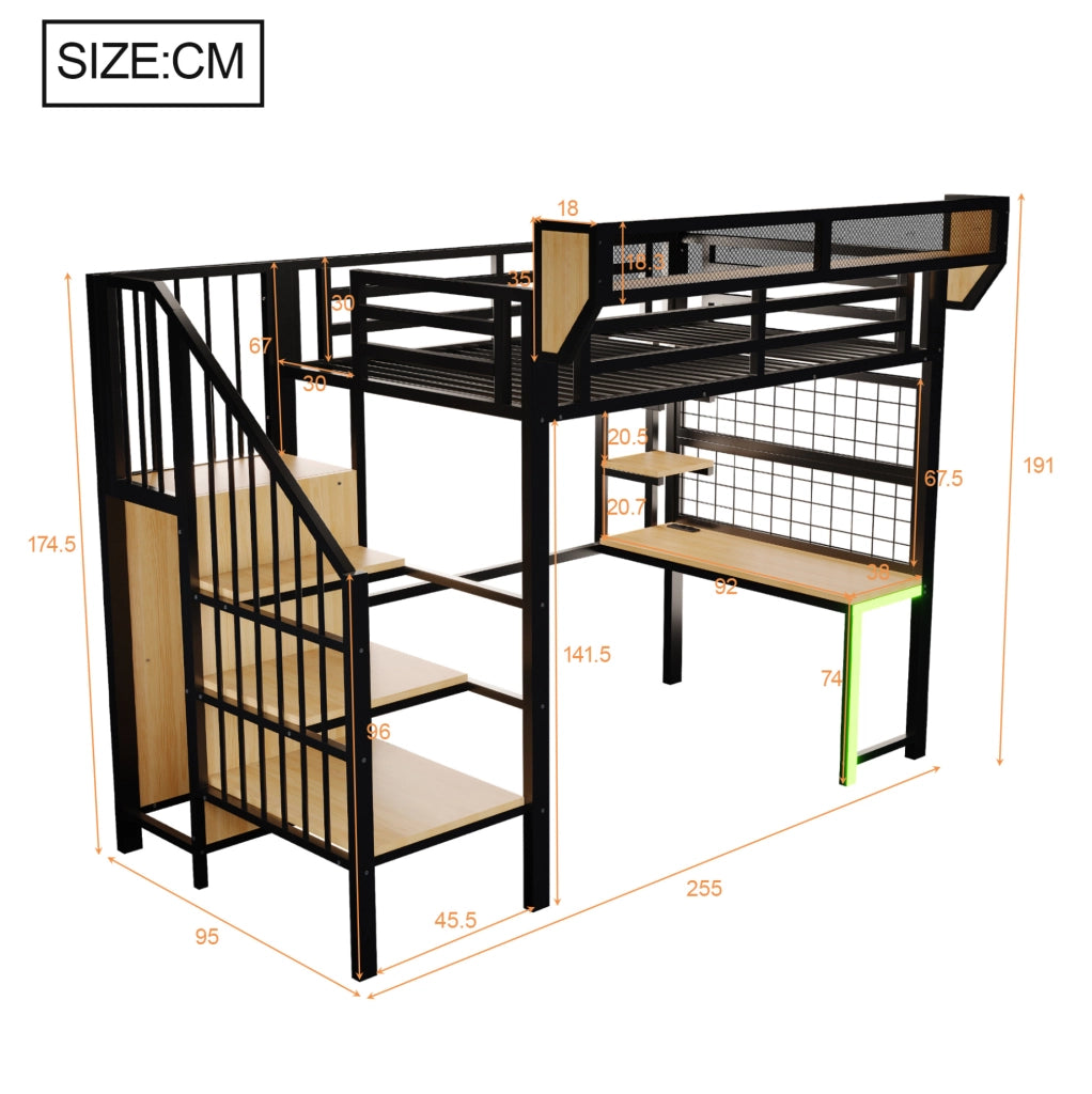 Letto a soppalco in metallo 90x200 cm nero con scrivania; ripiani; LED e prese