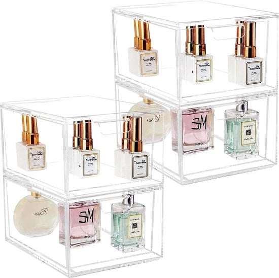 Cassa di stoccaggio trasparente con cassetti - Set di 2 - Scatola a cassetti stivabile - Grande organizzatore acrilico per cosmetici per bagno e cucina