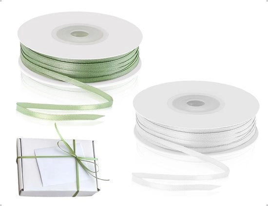Decorativo Lint Satin 91 m - Doppio - 2 Rotoli - 3 mm Larghezza - Verde/Bianco - Polyester Zoppo, Senza Rigidità - Lint Decorativo