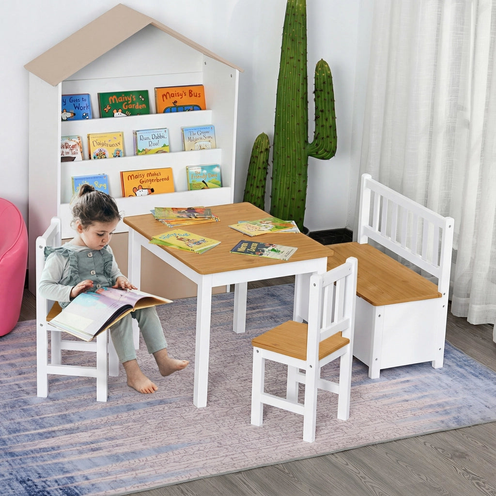 Tavolo bambini con 2 sedie e banco con cassetti ¨C zephmum ¨C bianco e naturale