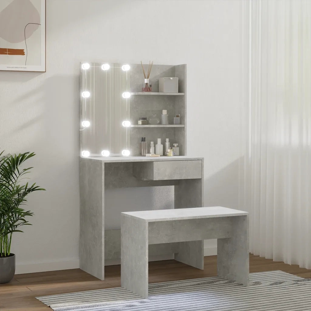 Set Tavolo da Toeletta | Tavolo da Trucco Grigio Cemento con LED Legno Multistrato