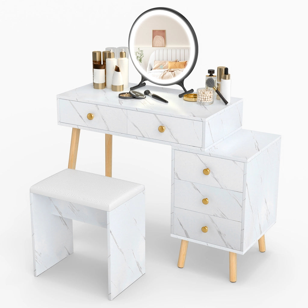 Tavolo da trucco specchio rimovibile luci 3 modalità 5 cassetti marmo finto gambe legno-Set toeletta sgabello morbido imbottito