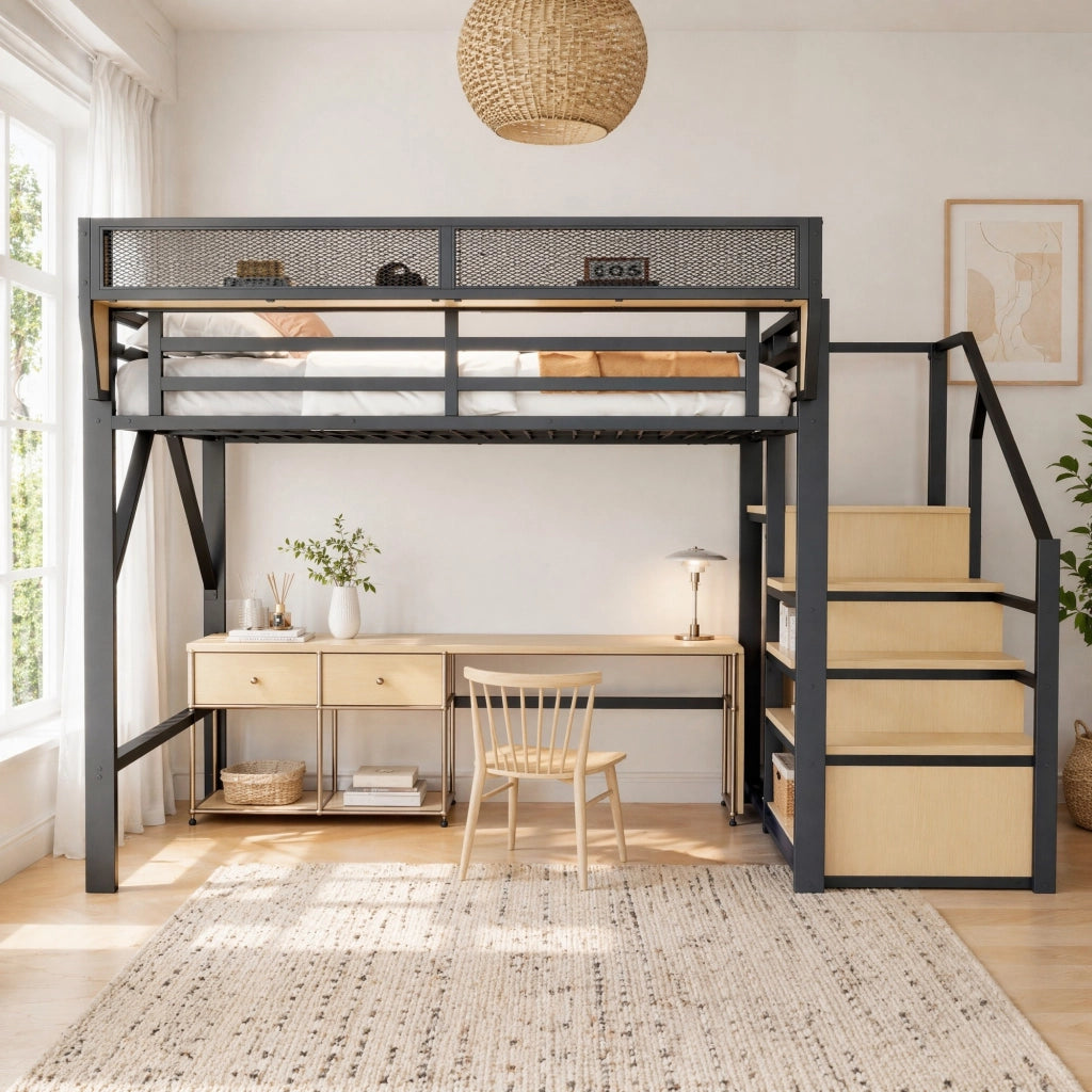 DESMIU Letto a soppalco 140 × 200 cm 2 posti con scala di sicurezza e ripiano rimovibile, senza materasso, nero