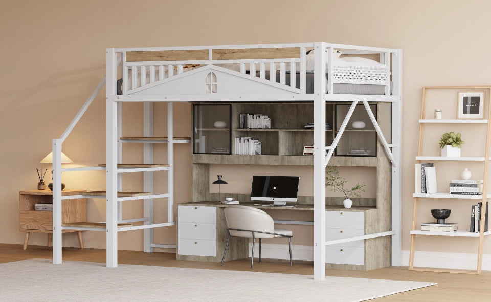 Letto a soppalco 140x200 cm con scala di sicurezza e spazio sotto il letto in metallo e legno bianco