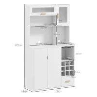 Mobile Dispensa con Portabottiglie, Armadietti, Ripiani e Cassetto, in Truciolato e Legno, 100x38x172 cm, Bianco