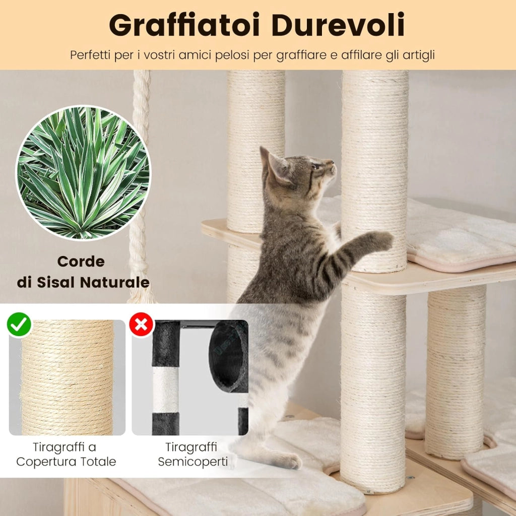 Albero Tiragraffi per Gatti Moderno 170 CM, Tiragraffi per Gatti Multistrato con Trespolo, Superiore Nicchia in Legno, Pali, Tiragraffi in Corda di Sisal e Piattaforme