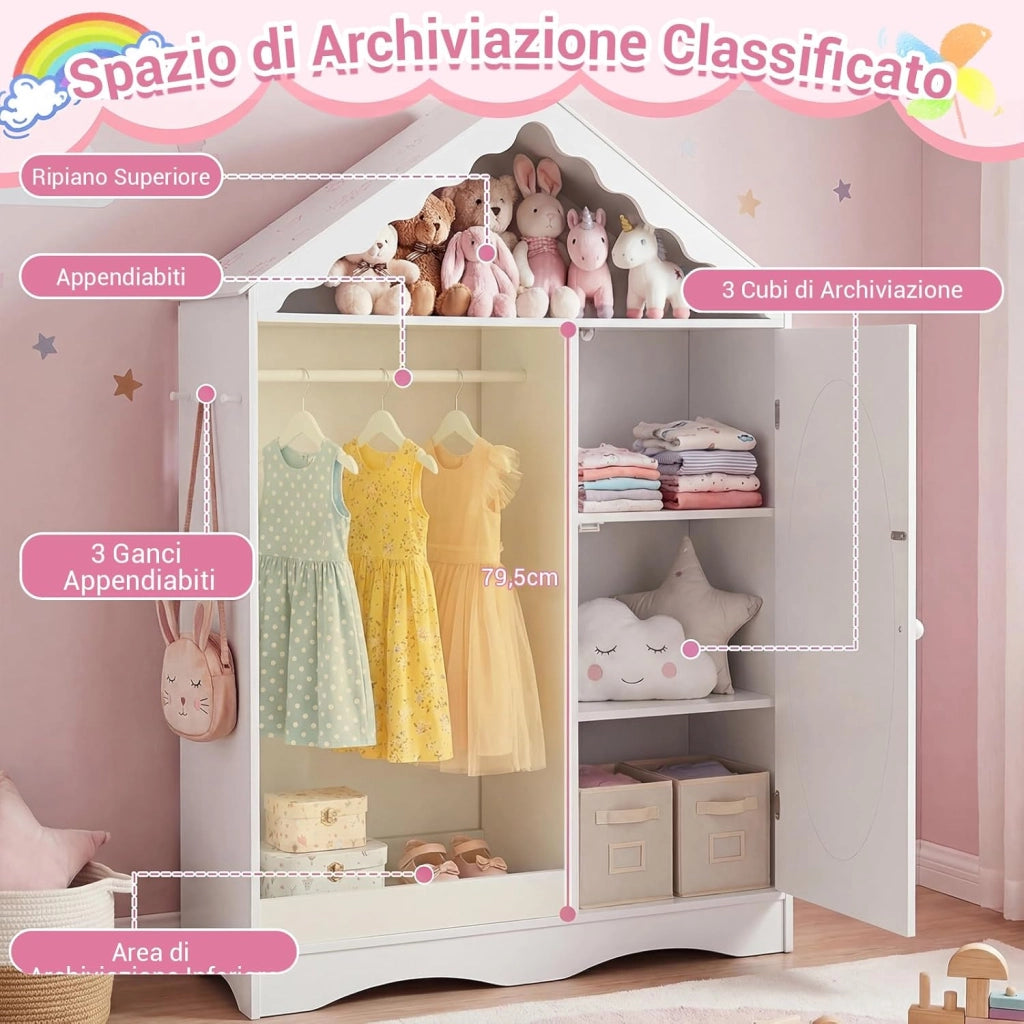 Armadio con Specchio per Bambini, Guardaroba Coperto con Appendiabiti Aperto, Scaffali e Ganci, Armadio e Organizzatore di Costumi per Camera da Letto e Stanza dei Giochi (Bianco)