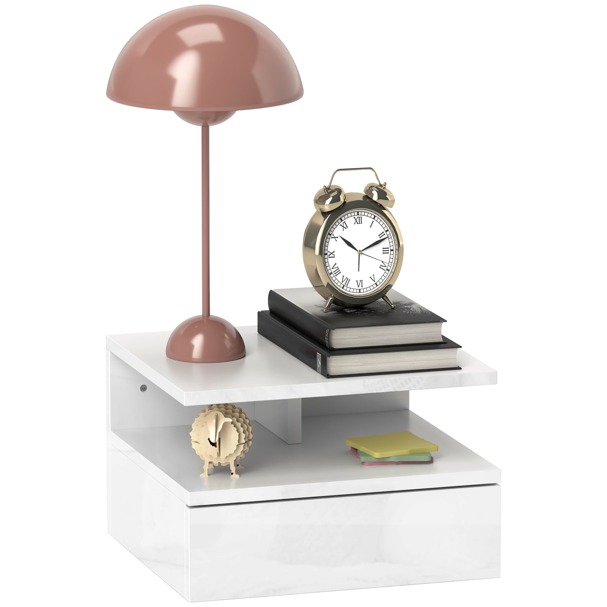 Comodino Sospeso 35x32x22,5 cm con Cassetto e Ripiano Aperto in Legno Bianco