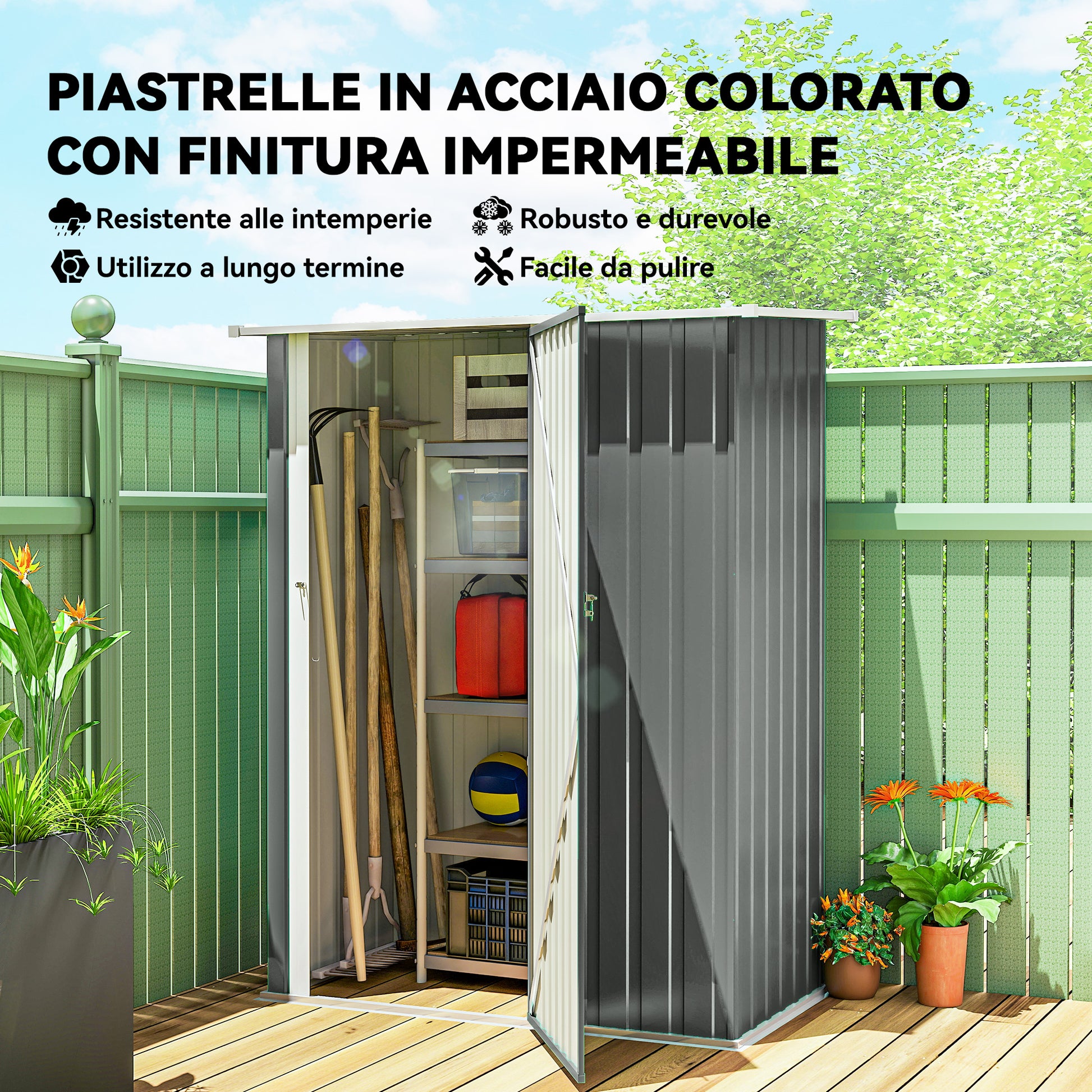 Capanno Porta Attrezzi 142x86x189 cm con Tetto Inclinato e Porta Bloccabile in Metallo Grigio Chiaro