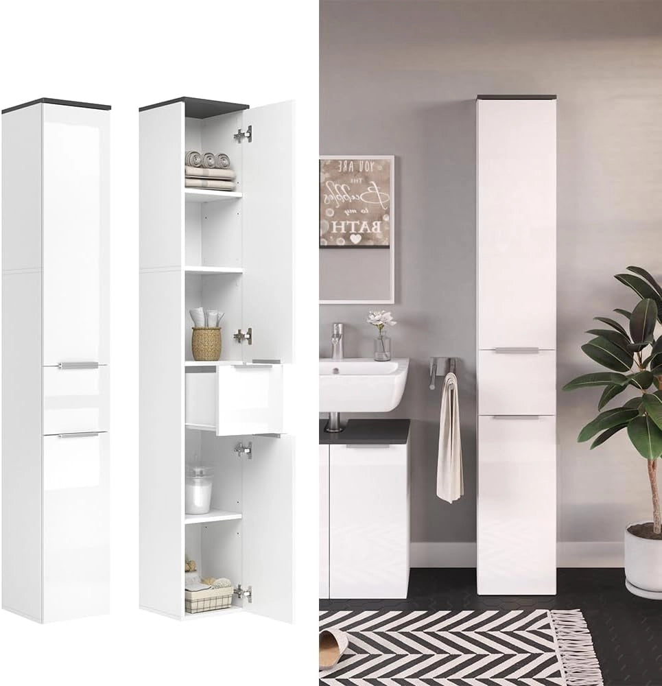 Mobile bagno alto Otis, Bianco lucido, 30 x 190 cm, per la conservazione in bagno abbinabile alla serie Otis