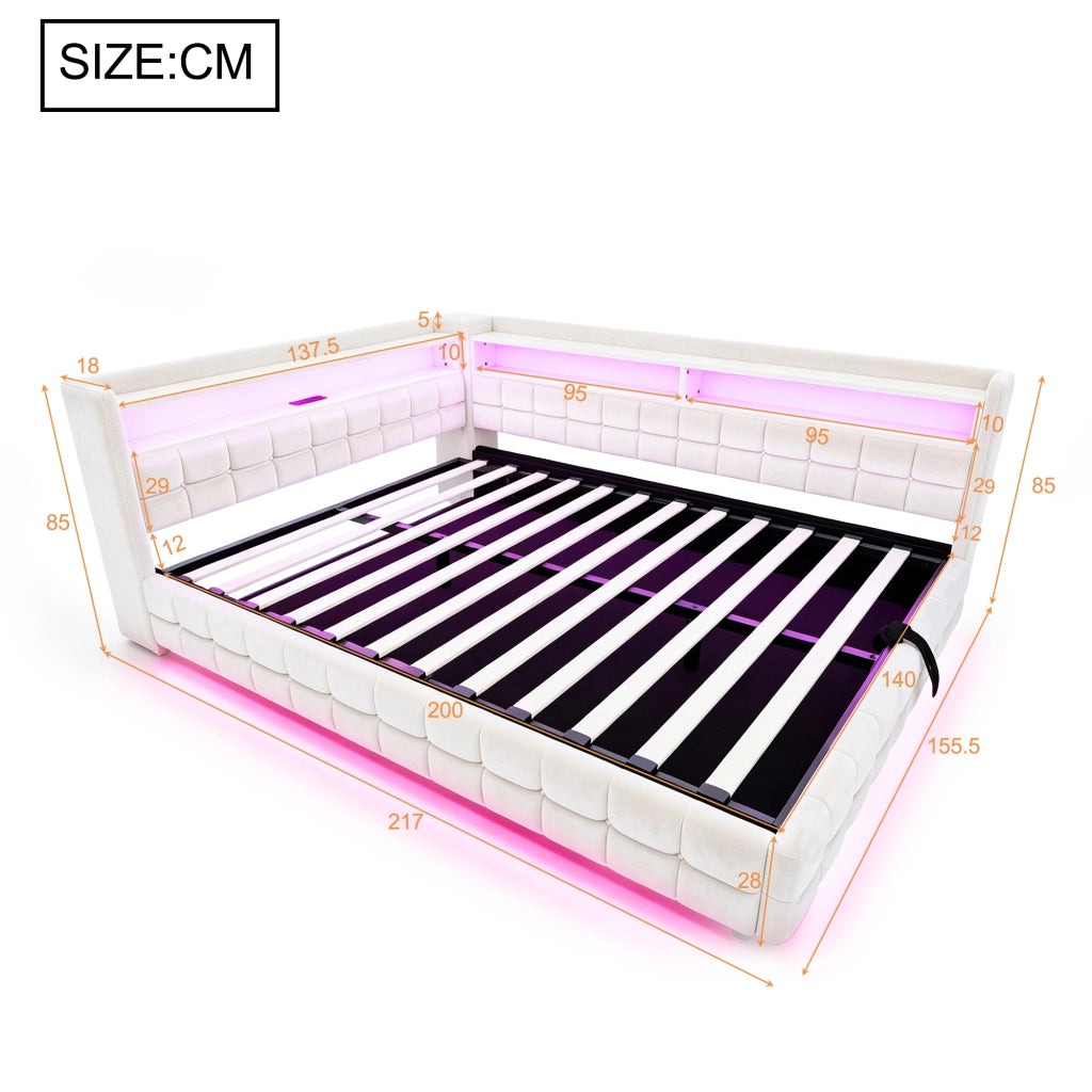 Letto a Divanetto 140x200 cm; Letto Matrimoniale; Contenitore; LED; USB e Tipo C