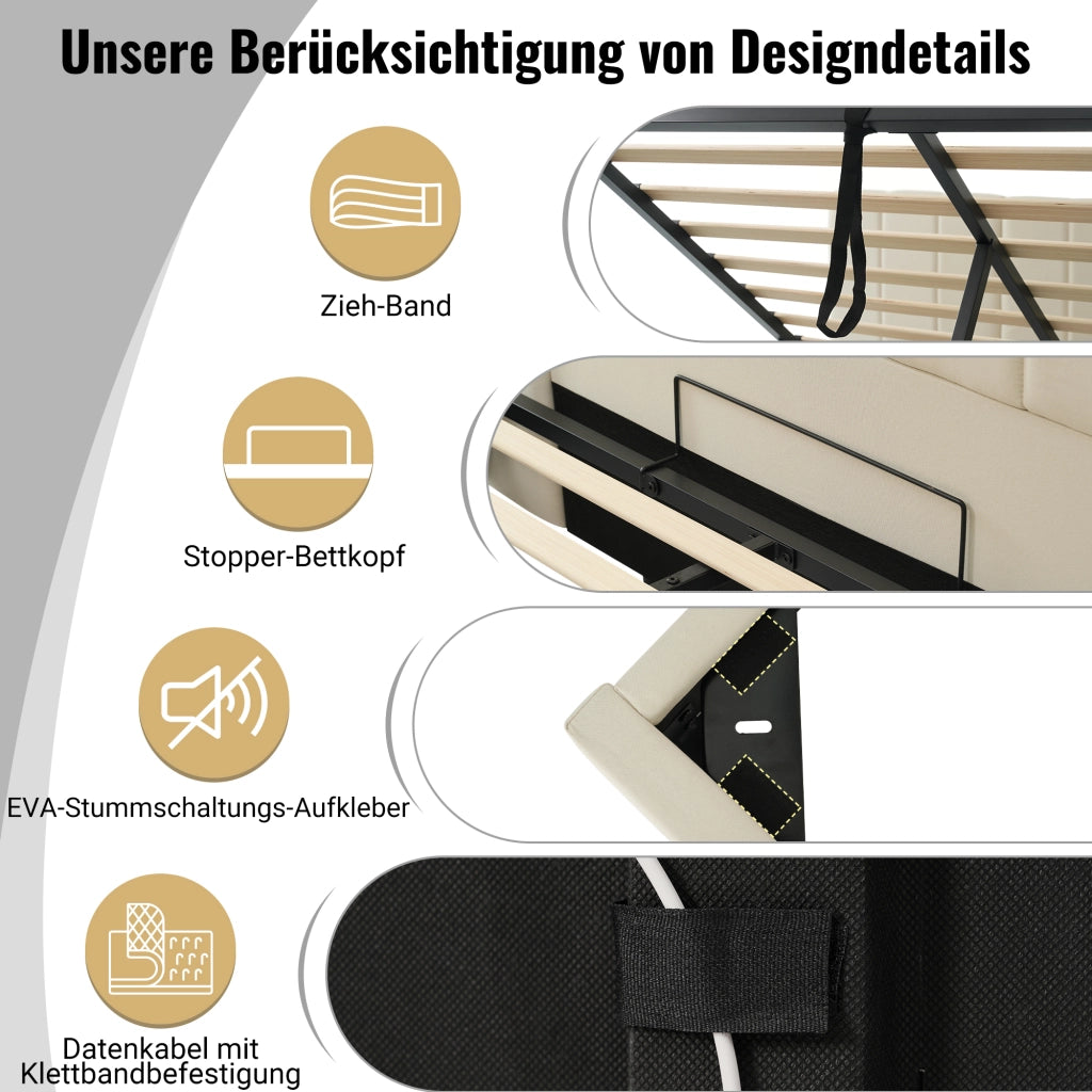 LETTO Contenitore 160x200 cm in Lino Beige con LED e ricarica USB