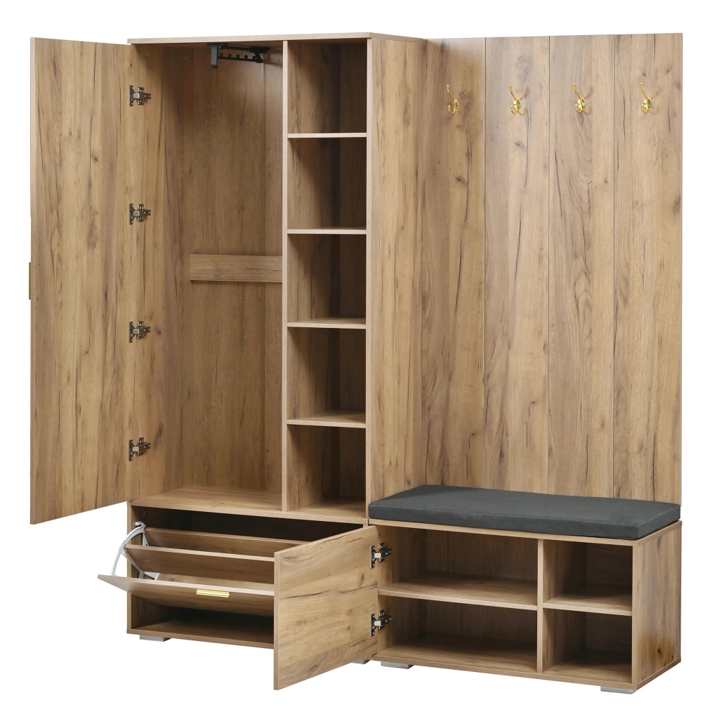 Mobile Ingresso Guardaroba 160×38×180 cm Nero e Legno con Specchio; Scarpiera; Panca e Appendini