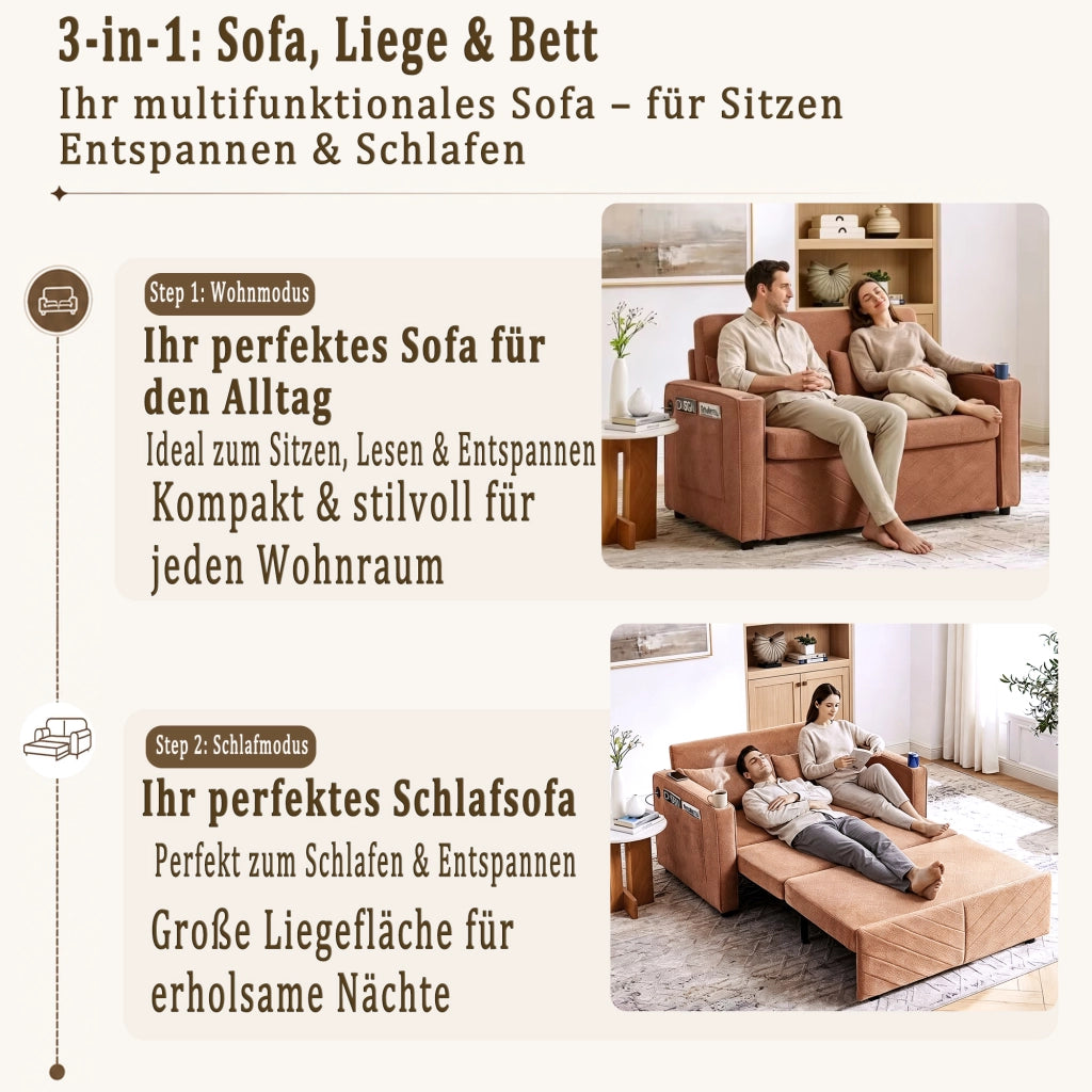 Divano letto 3 in 1 con sistema scorrevole e porte USB per soggiorno ufficio e ospiti in legno e tessuto arancione