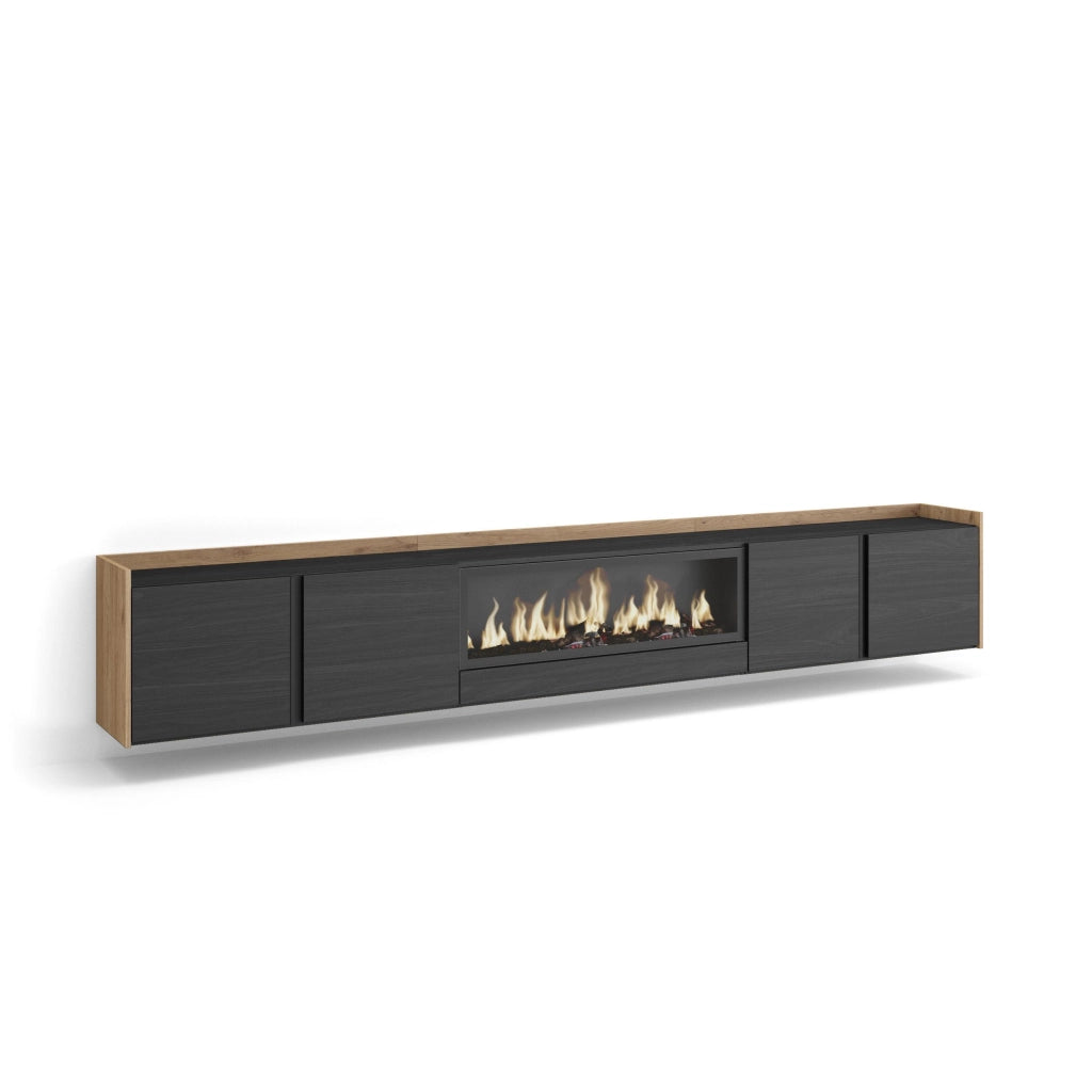 Mobile TV Soggiorno, 315x50x35 cm, Per TV fino a 80", Camino elettrico XXL, Sospeso, da appendere, Nero e rovere