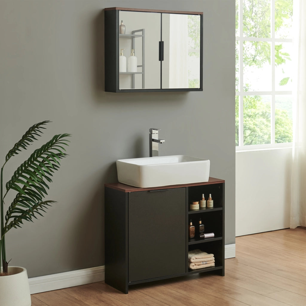 Mobiletto da Parete Trond con 2 Ante a Specchio Armadietto Pensile da Bagno 50 x 60 x 15 cm - Nero/Effetto Noce [en.casa]