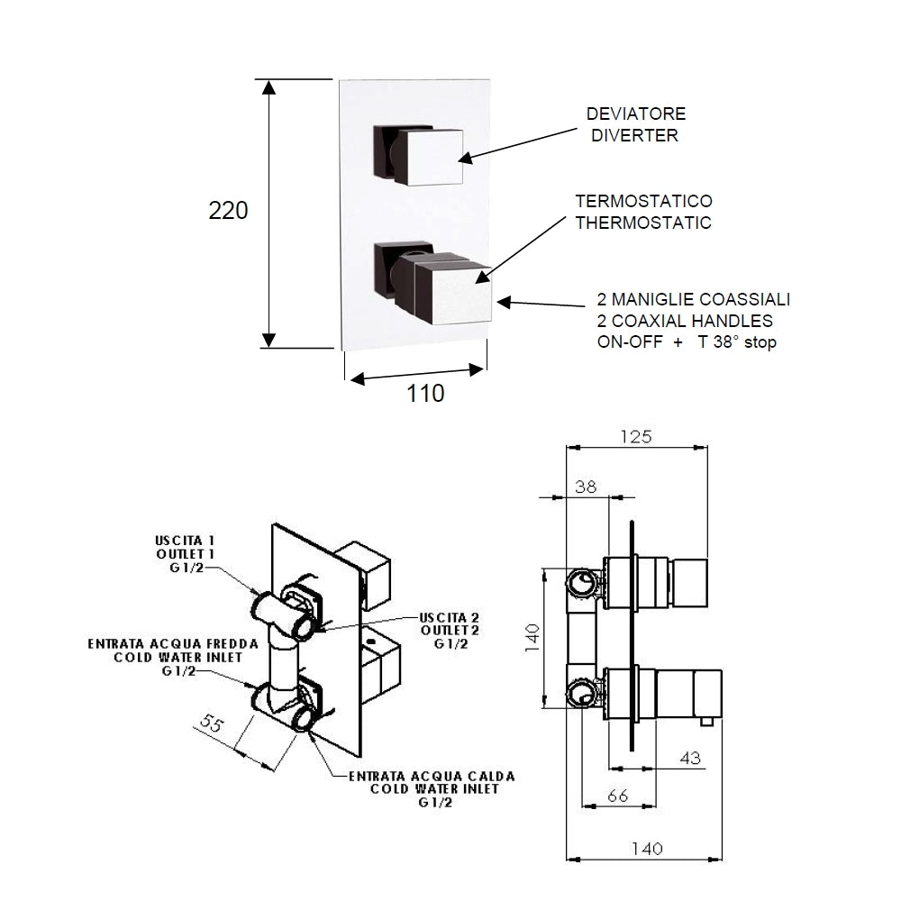 Rubinetto termostatico doccia, due posizioni su piastra unica - serie qubika thermo