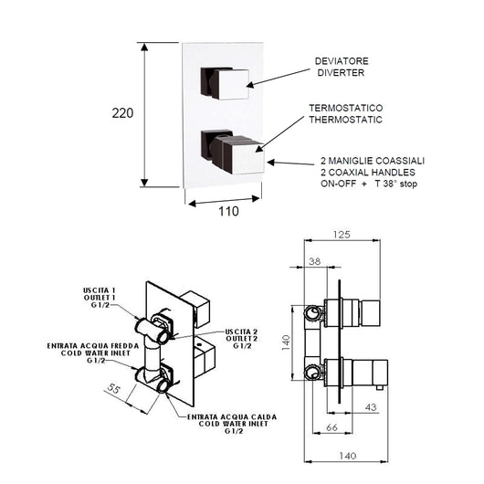 Rubinetto termostatico doccia, due posizioni su piastra unica - serie qubika thermo