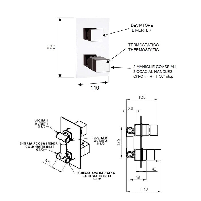 Rubinetto termostatico doccia, due posizioni su piastra unica - serie qubika thermo