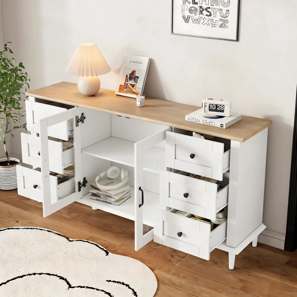 Credenza Soggiorno con LED, 6 Cassetti e 2 Ante ¨C Xylo ¨C Bianco/Legno, 150x40x75 cm